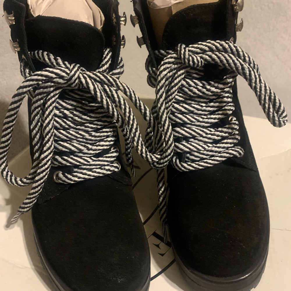 Black Combat Boots with Unique Zebra Laces